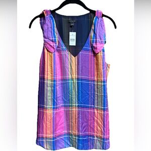 Ann Taylor Sleeveless Blouse Madras Print Tie Shoulder Bow NWT
